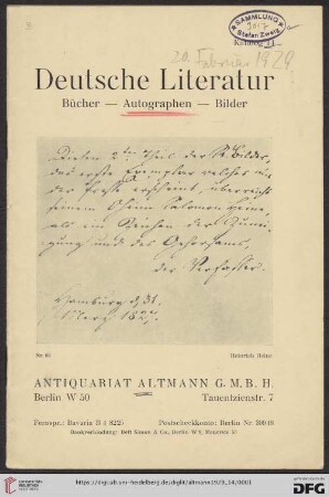 Nr. 14: Katalog / Antiquariat Altmann G.m.b.H., Berlin: Deutsche Literatur : Bücher, Autographen, Bilder