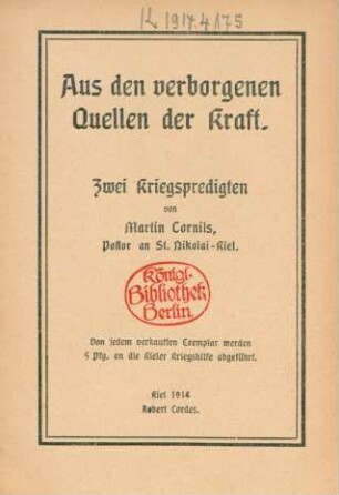 Aus den verborgenen Quellen der Kraft : zwei Kriegspredigten