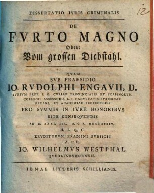 Dissertatio Ivris Criminalis De Fvrto Magno Oder: Vom grossen Diebstahl
