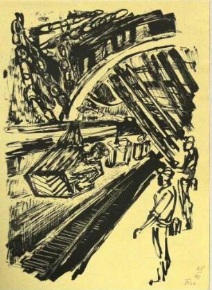Druckgrafik einer Tuschezeichnung, Strecke mit Einschienenhängebahn (Titel alter Karteikarte)