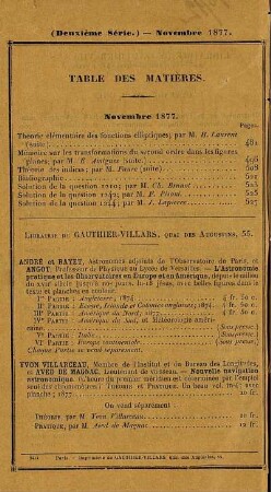 Table des matières. Novembre 1877.