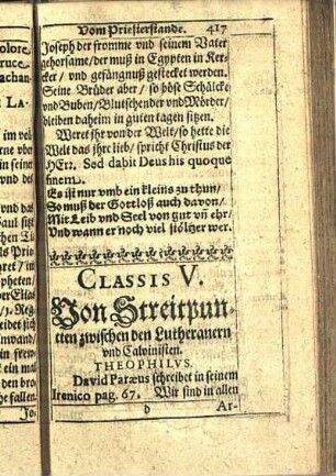 Classis V. Von Streitpuncten zwischen den Lutheranern vnd Calvinisten.