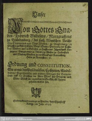 Ordnung und Constitution, wie es mit den Verlöbnüssen, Hochzeiten, Kindelbieren, Begräbnüssen und andern Gelagen der Bawers-Leute ... gehalten werden soll