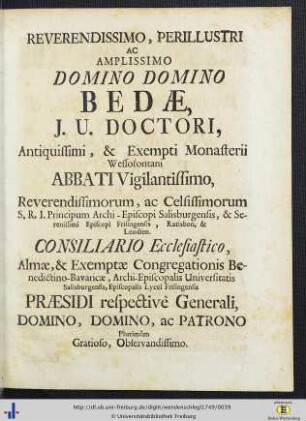 Reverendissimo, Perillustri Ac Amplissimo Domino Domino Bedae, J. U. Doctori …