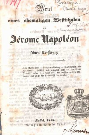 Brief eines ehemaligen Westphalen an Jérome Napoléon, seinen Ex-König