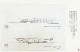 Freizeitheim, Berlin-Zehlendorf (Diplomarbeit bei Peter Poelzig): Ansicht von Osten und Schnitt 1:200