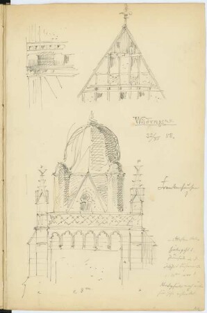 Fachwerkhaus, Wildungen Kirche: Ansicht Giebel, Details Fachwerkhaus, Ansicht Kirche (aus: Skizzen- und Fotoalbum 2)