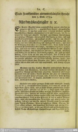 Lit. C. Stadt Frankfurtischer allerunterthänigster Bericht vom 3. Sept. 1759