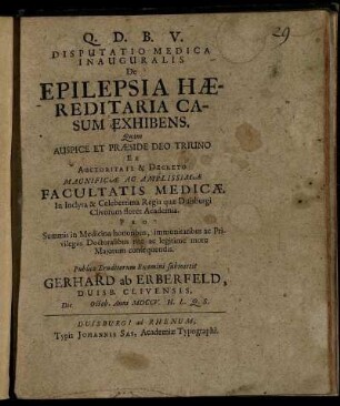 Disputatio Medica Inauguralis De Epilepsia Haereditaria Casum Exhibens