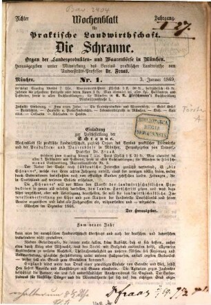 Die Schranne : Wochenblatt für praktische Landwirthschaft ; Organ des Landesprodukten- und Waarenmarktes in München. 8. 1869