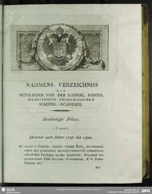 Nahmens-Verzeichniss Der Mitglieder Von Der Kaiserl. Königl. Medicinisch-Chirurgischen Josephs-Academie