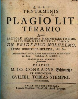 Q. D. B. V. Tentaminis De Plagio Litterario