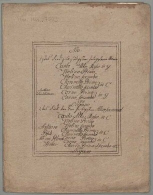 2 Sacred songs, V (4), Coro, orch, org - BSB Mus.ms. 7503 : [dust cover title, by Huber:] Nro: // 1stes Lied zur seligsten Jungfrau Maria // à // Canto, Alto, Basso in G // Violino Primo // Violino secundo // Clarinetto Primo // [brace:] in C // Clarinetto secundo // Corno Primo // [brace:] in G // Corno secundo // con Organo // [left side, by later hand:] Authore // Lechleitner // [at center, by Huber:] 2tes Lied von dem heiligsten Altarsacrament // à // Canto, Alto, Basso in C // Violino Primo // Violino secundo // Clarinetto Primo // [brace:] in C // Clarinetto secundo // Corno Primo // [brace:] in C // Corno secundo // Clarin Primo et secundo in C // con // Organo // [left side:] Authore Posch // Ad me Petrum // Huber