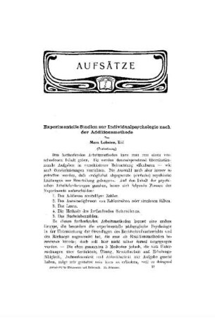 Experimentelle Studien zur Individualpsychologie nach der Additionsmethode : (Fortsetzung)