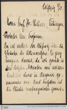 Nachlass Alfred Hettner, Eingegangene Briefe, Korrespondenz Hans Meyer/Alfred Hettner: Brief von Hans Meyer an Alfred Hettner