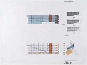 Bauwettbewerb Amerika-Gedenkbibliothek/Berliner Zentralbibliothek, AGB (nicht realisiert), 1. Preisgruppe – Westansicht, Schnitt, Isometrische Projektion, Schemazeichnungen. Berlin-Kreuzberg, Blücherplatz 1