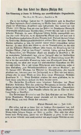 43: Aus dem Leben des Malers Phillipp Veit : eine Erinnerung zu seinem 50. Todestag aus unveröffentlichten Originalbriefen