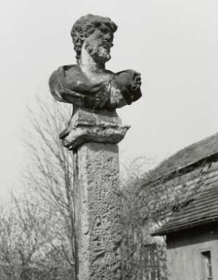 Dohna-Röhrsdorf, Hauptstraße 3 . Schloß. Männliche Figurenbüste auf Stele (18. Jh.) an der Freiterrasse nördlich des Herrenhauses