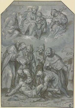 Bergung eines Jünglings in Anwesenheit von zwei Mönchen und zwei Frauen, darüber in Wolken die Madonna mit Kind und zwei Heilige