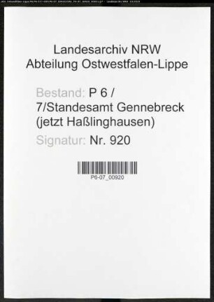 Sterberegister Standesamt Gennebreck
