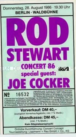 Eintrittskarte für das Konzert mit Rod Stewart und Joe Cocker in der Berliner Waldbühne