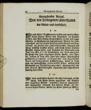 Neunzehender Articul. Von den Leibeigenen Unterthanen der Ritter- und Landschaft.