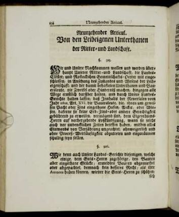 Neunzehender Articul. Von den Leibeigenen Unterthanen der Ritter- und Landschaft.