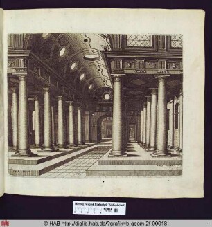 Innenansicht einer Halle mit einem Tonnengewölbe und zweireihigen Kolonnaden mit Säulen toskanischer Ordnung. Das Zentrum des Fluchtpunkts befindet sich rechts.