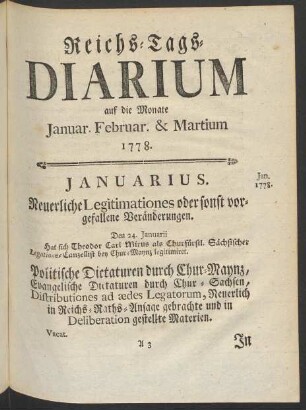Reichs-Tags-Diarium auf die Monate Januar. Februar. & Martium 1778.
