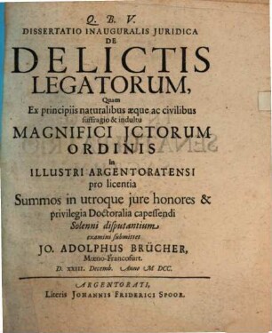 Dissertatio Inauguralis Iuridica De Delictis Legatorum