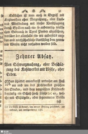Zehnter Absatz. Von Schwarzmachung, oder Beschützung des Kohlwerkes mit Lösche, oder Erden