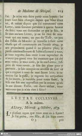 Lettre CCCLXXVIII. A la même. A Livry, Mécredi 4. Octobre, 1679