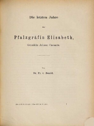 Die letzten Jahre der Pfalzgräfin Elisabeth, Gemahlin Johann Casimirs