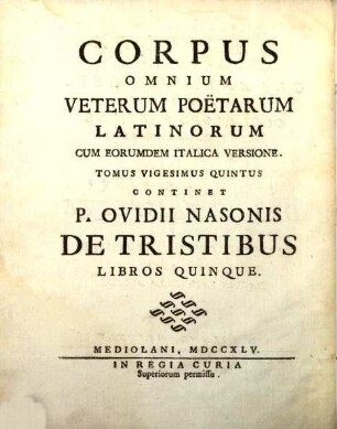 I Cinque Libri Delle Tristezze Di Publio Ovidio Nasone