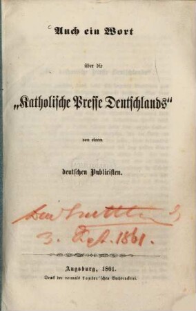 Auch ein Wort über die "Katholische Presse Deutschlands"