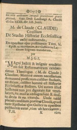 M. de Claude (Claudii) Consilium De Studio Historiae Ecclesiasticae recte instituendo ...
