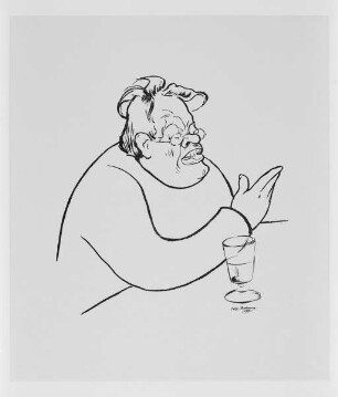 Max Reger - Karikaturen — Max Reger am Tisch sitzend und diskutierend