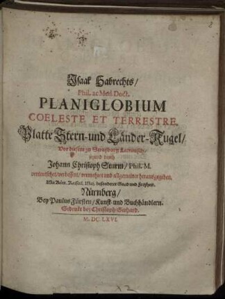 Isaak Habrechts/ Phil. ac. Med. Doct. Planiglobium Coeleste Et Terrestre