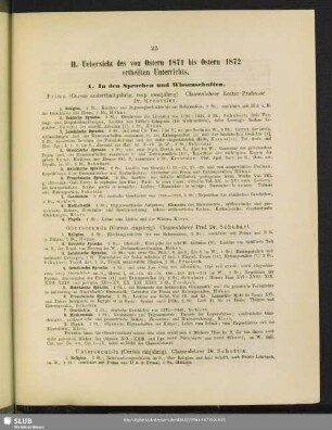 II. Uebersicht des von Ostern 1871 bis Ostern 1872 ertheilten Unterrichts