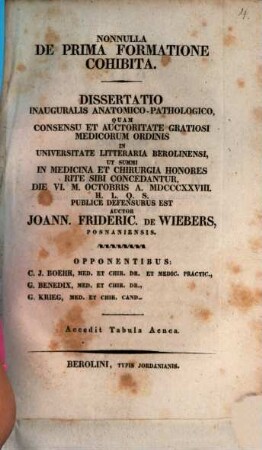 Nonnulla de prima formatione cohibita : diss. inaug. anat. path.