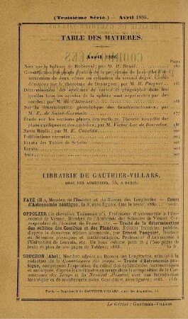 Table des matières. Avril 1886.