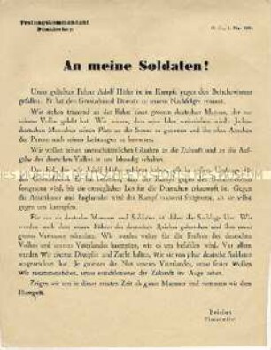 Propagandaflugblatt des Festungskommandanten an die Besatzung der Festung Dünkirchen mit der Meldung vom "Heldentod" Hitlers