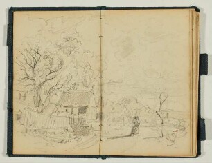 Bauernhaus und Mutter mit Kind - Landschaft mit Kühen