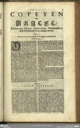 Copeyen Der Briefe, Resolutionen, Placaten, Declarationen, Verbindnüssen [et]c. so im Verwirrten Europa allegiret worden