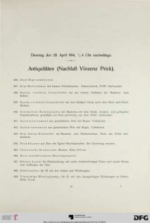Antiquitäten (Nachlaß Vinzenz Prick) (Nr. 396-550)