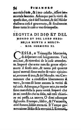Segvita Di Dio Et Del Mondo Et Del Loro Ordine; La Mente A Mercvrio. Sermone XI.