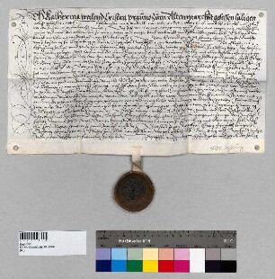 Katharina, Witwe des Christian Braun zu Altenmarkt, verkauft an Propst Stefan von Baumburg Behausung, Hofstatt und Garten zu Altenmarkt, Lehen vom Kloster. Der Besitz zinst nach St. Ägidien zu Altenmarkt und in Kustorei des Klosters.; S: Gabriel Glatz, Hofmarksrichter zu Baumburg, vertreten durch Hans Rinderauer, Kämmerer zu Baumburg