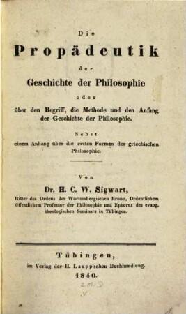 Die Propädeutik der Geschichte der Philosophie