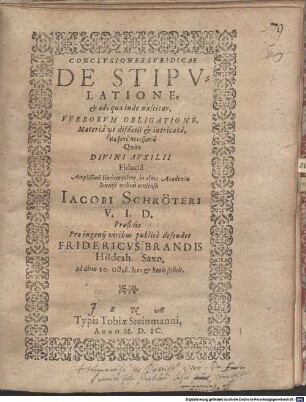 Conclusiones iur. de stipulatione, et ea, quae inde nascitur, verborum obligatione