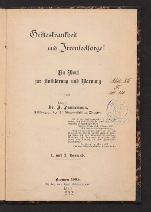 Geisteskrankheit und Irrenseelsorge : ein Wort zur Aufklärung und Warnung